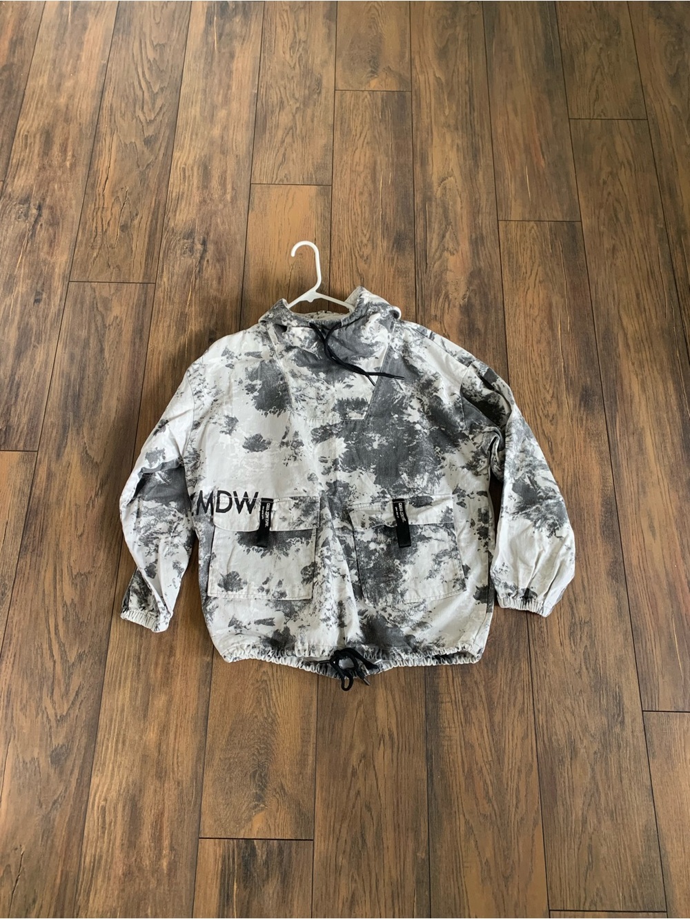 Zara White & Charcoal Tie-Dye Pullover Hooded Jacket